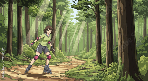 Anime-style rollerblader navigates sun-dappled forest path with graceful ease