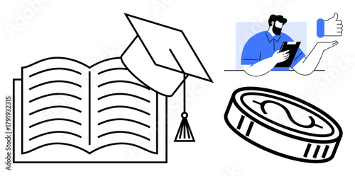 Open book with graduation cap, large dollar coin, and person on tablet with thumbs-up symbol. Ideal for education, e-learning, funding, student loans, career development, remote learning simple flat