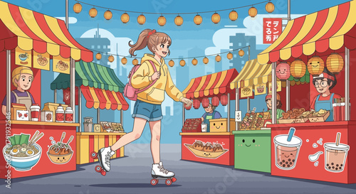 Rollerblading girl exploring the vibrant japanese food market street festival