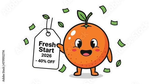 Orange's Fresh Start: A smiling orange character proudly presents a Fresh Start 2026 -40% Off price tag, surrounded by falling money, symbolizing an exciting beginning and great value.