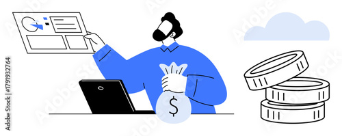 Man inspecting charts on board while holding money bag, using laptop, coins nearby. Ideal for finance, investment, success, savings, innovation data analysis and economic growth. Simple flat