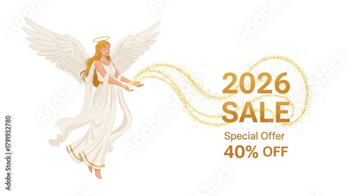 Divine Deal: An ethereal angel, wings spread wide, offers a golden ribbon that transforms into a 2026 Sale banner with a special offer of 40% off, inviting prosperity and blessings in the year ahead.
