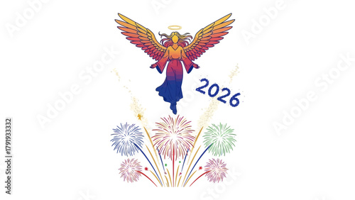 Heavenly Celebration: A celestial angel descends amidst a vibrant firework display, heralding the arrival of 2026 with a blaze of colors and joy.