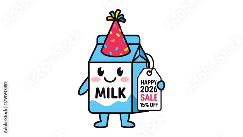 Milk Cartoon Celebrating New Year's Sale: A cheerful cartoon milk carton adorned with a festive party hat, holding a sale tag, ready to spread some holiday cheer.
