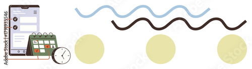 Smartphone with task list, calendar, clock for scheduling waves and circles for flow, balance. Ideal for time management, organization, productivity, workflow, planning scheduling simple flat