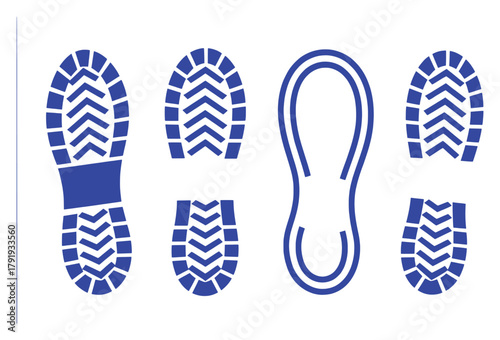 Collection of Blue Boot and Shoe Prints on a White Background