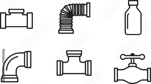 Plumbing system components and a bottle outline vector icons set