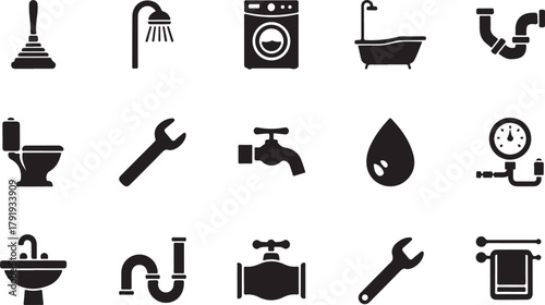 Plumbing and bathroom essential household services tool icons