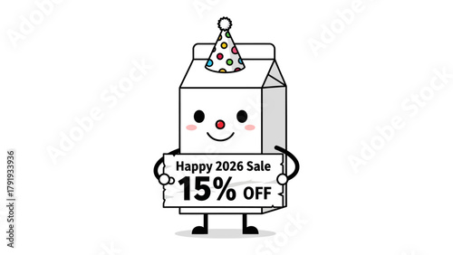 Festive Milk Carton Sales Pitch: A charming cartoon milk carton dressed for celebration, announcing a fantastic discount and inviting customers to indulge in delightful treats.