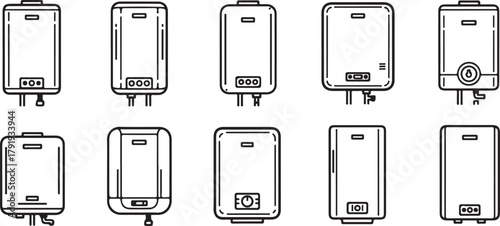 Water heater outline icons set, modern boiler appliances, home