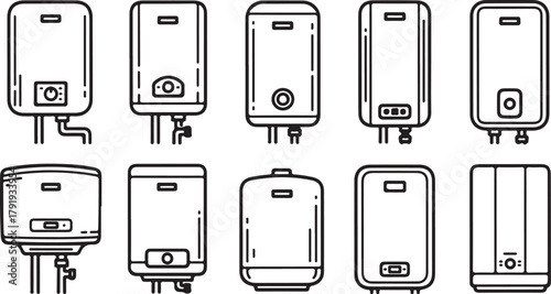 Collection of various water heater and boiler line icons set clean