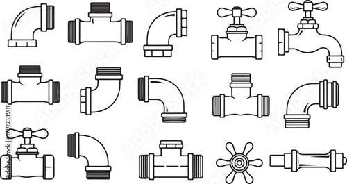 Plumbing pipe fittings and tap icons set. vector line art outlines.