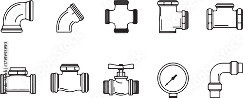 Industrial pipe fittings and gauge line art icons collection