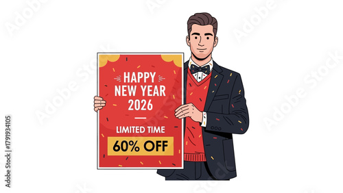 Festive Greeting: A stylish individual stands proudly, presenting a vibrant sign announcing Happy New Year 2026 with a tempting 60% OFF offer.