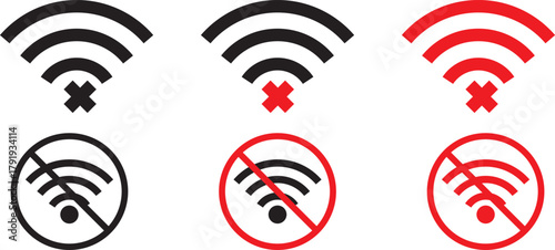 Wifi and wireless problem icon or no wifi icon set. wifi signal with a prohibition symbol. representing no internet connection. wireless problem icon or no wifi icon set
