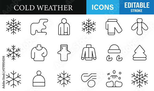 Simple winter icon collection with cozy clothing, snow symbols, and cold climate designs