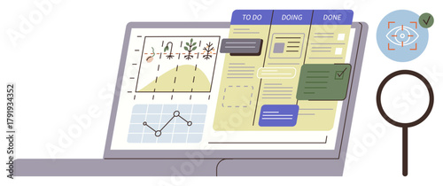 Laptop screen displaying tasks in To Do, Doing, Done columns, graphs, workflow visualization. Magnifying glass and focus icon improve process clarity. Ideal for productivity, organization, progress