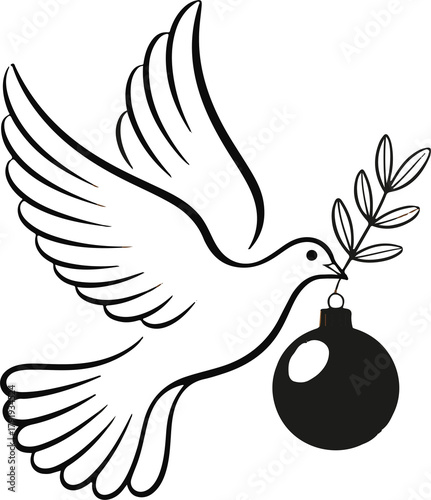 Elegant dove carrying golden Christmas ornament and olive branch, minimal line art on white background, symbol of peace and joy, modern holiday design.