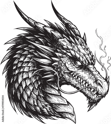 Detailed Black and White Ink Drawing of a Fierce Dragon Head with Smoke fantasy mythical creature