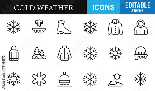 Editable stroke icons of warm apparel, snowflakes, and winter essentials for seasonal themes