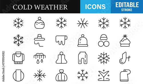 Minimalist winter clothing vector pack showcasing coats, sweaters, accessories, and snow icons