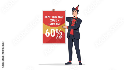 Festive Promotion: A well-dressed individual presents a striking promotional sign that is offering a enticing deal and celebrate the New Year's special.