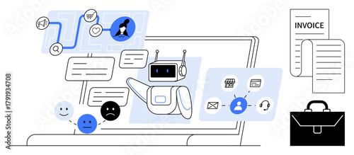 AI-driven chatbot interacting on a screen, emotions reflecting emotions, business icons thumbs up invoice and briefcase. Ideal for automation, tech support, e-commerce, workflow, CRM, business