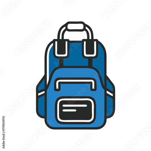 Blue backpack with multiple compartments and straps  
