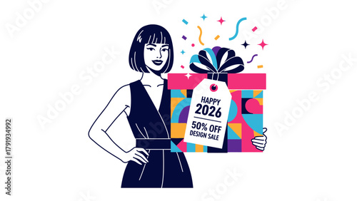 Gift of Design: An elegant individual presents a vibrant gift box, representing the celebration of a design sale, capturing the excitement of upcoming opportunities.