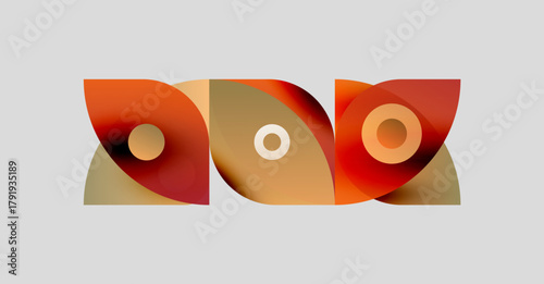 Abstract shapes overlap, creating warm color gradients. Design features curves, circles, soft shadows, neutral background.