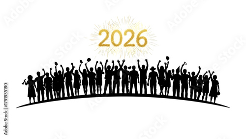 2026 Celebration: A silhouette of a multitude of individuals celebrates the arrival of 2026, their raised arms reflecting collective joy and optimism against a hopeful backdrop.