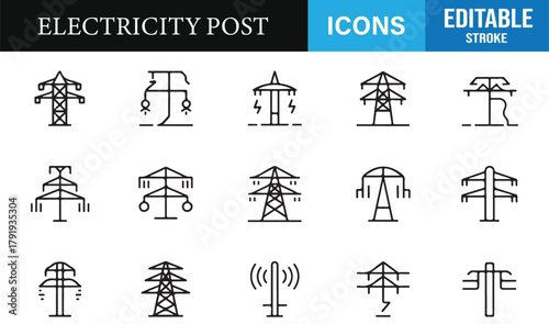 Simple line art electricity post illustrations suitable for engineering, construction, and utility themes