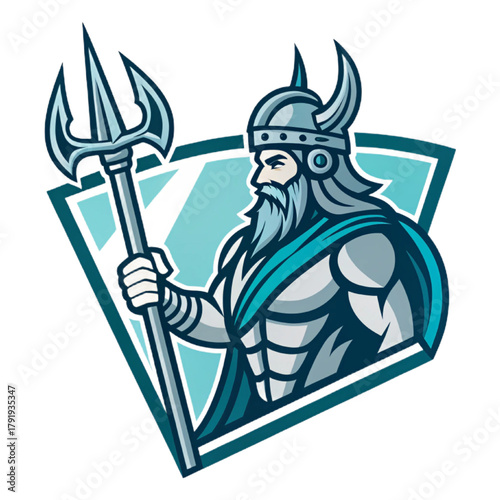 Trident Warrior Esport Mascot Logo Vector – Futuristic Aqua Guardian Emblem with Solid Aqua and Metallic Silver Flat Design, Geometric Shape, Modern Gaming Crest

