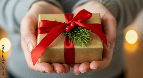 A pair of hands gently holding a beautifully wrapped golden gift box adorned with a red ribbon and a sprig of evergreen.