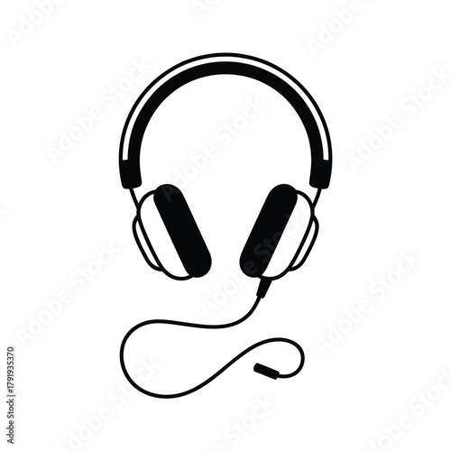 Simple black and white illustration of over ear headphones with a cord