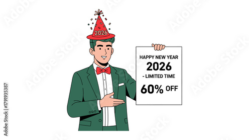 New Year Discount Announcement: A man in festive attire holds up a sign promoting a limited-time 60% off discount for the upcoming New Year, radiating excitement and joy.
