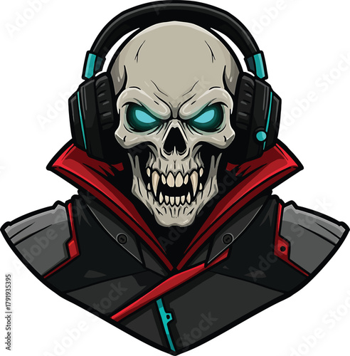 Fierce Skull Character with Headphones and Futuristic Armor on White Background Keywords: skull, headphones, gamer, gaming, character, mascot, logo