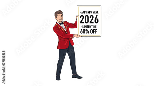 New Year Discount: A man proudly showcases a sign offering a special discount for the upcoming new year, symbolizing new beginnings and savings.