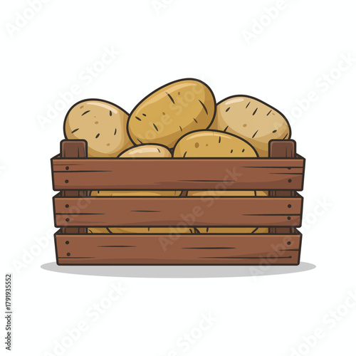 Wooden crate filled with fresh potatoes on white background