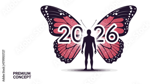 2026: Metamorphosis: a silhouette of person stands, embraced by the wings of the butterfly symbolizing transformation, change and future opportunities