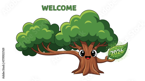 Friendly Tree and the Green Leaf: A cartoon tree, bearing the inscription 'Welcome 2026', offering a symbol of nature's greeting. An inviting design showcasing optimism.