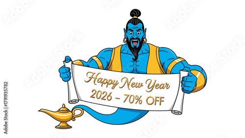 Wishing for savings: A friendly genie emerges from his magic lamp, extending a scroll with a festive Happy New Year message and a tempting discount for the upcoming year.