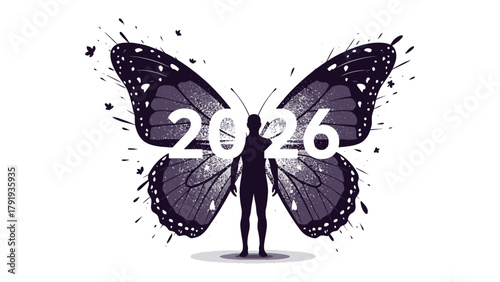 Transformation in 2026: An abstract illustration merges the form of a butterfly with a human figure, symbolizing change and evolution, with the year 2026 prominently displayed.