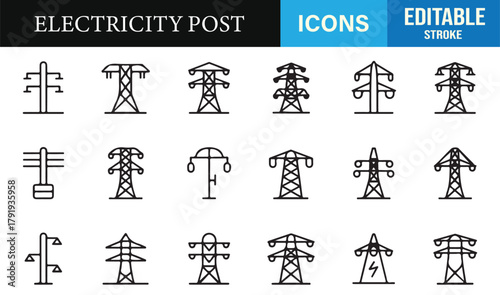 Clean outline icons of power distribution towers, cables, and electrical structures