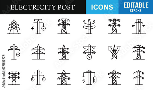 Thin-line utility pole and tower symbols ideal for energy, infrastructure, and engineering design