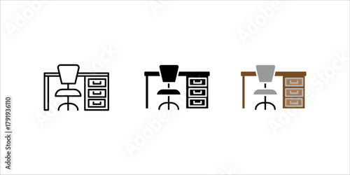 A minimalist black outline vector icon set. representing a workplace, home office, desk setup, or corporate environment. The design shows an ergonomic office chair with wheels positioned behind