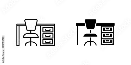 A minimalist black outline vector icon set. representing a workplace, home office, desk setup, or corporate environment. The design shows an ergonomic office chair with wheels positioned behind