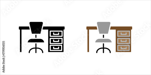 A minimalist black outline vector icon set. representing a workplace, home office, desk setup, or corporate environment. The design shows an ergonomic office chair with wheels positioned behind