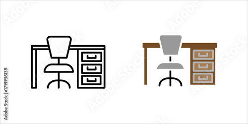 A minimalist black outline vector icon set. representing a workplace, home office, desk setup, or corporate environment. The design shows an ergonomic office chair with wheels positioned behind