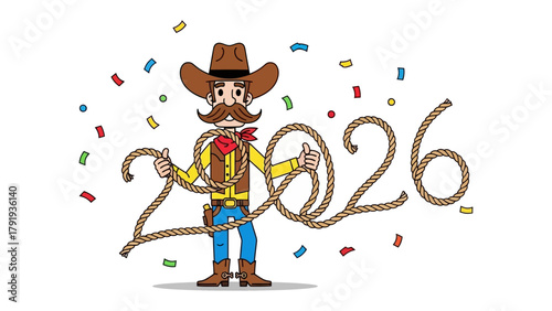 New Year Cowboy : A jovial cowboy playfully shapes the number 2026 with a rope, surrounded by celebratory confetti, heralding a spirited start to the year. 